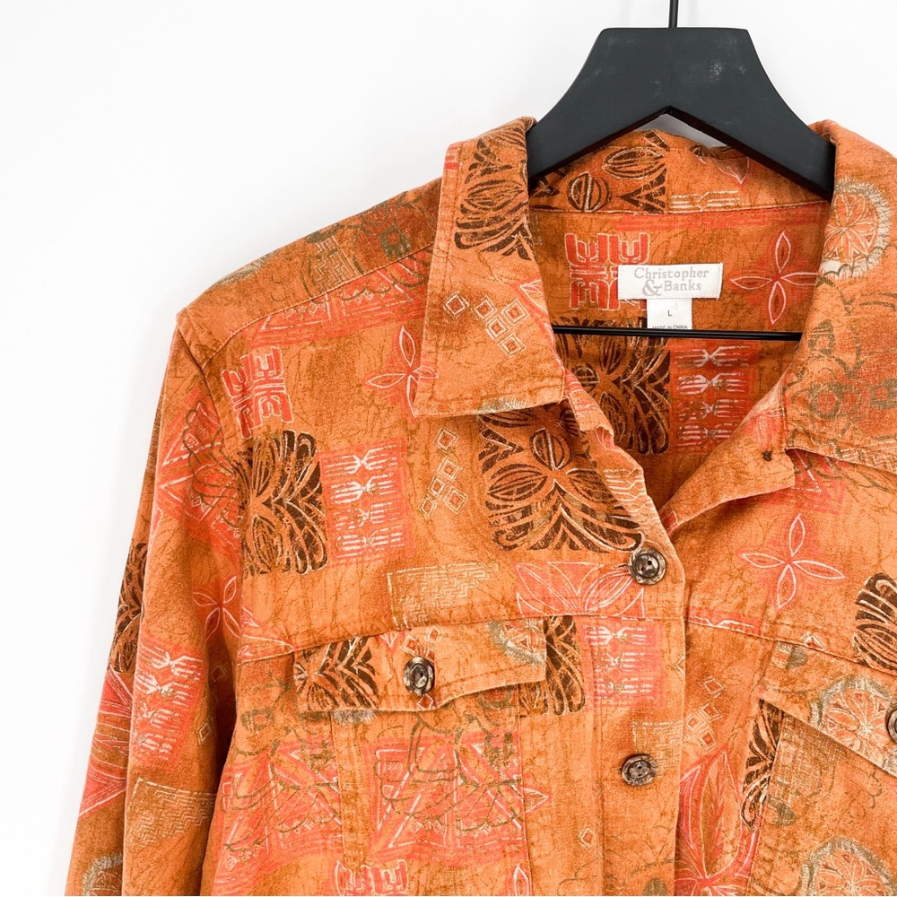 Christopher & Banks Y2K Abstract Tribal Linen Blend Button Down Top Orange Large - Picture 3 of 9